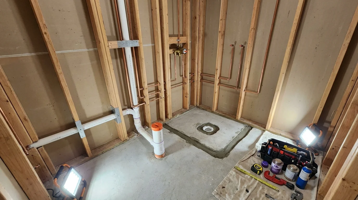 Bathroom rough-in plumbing during remodel by Johns Plumbing LLC in North Canton