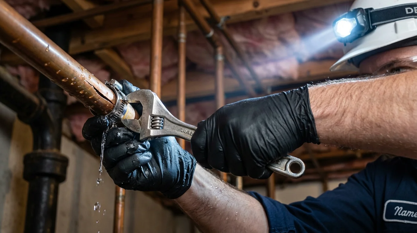 Emergency pipe clamp repair being performed by a Johns Plumbing LLC plumber in North Canton