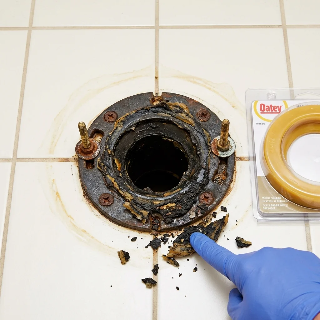 Failed wax ring showing water seepage at the base of a toilet in a North Canton, OH home