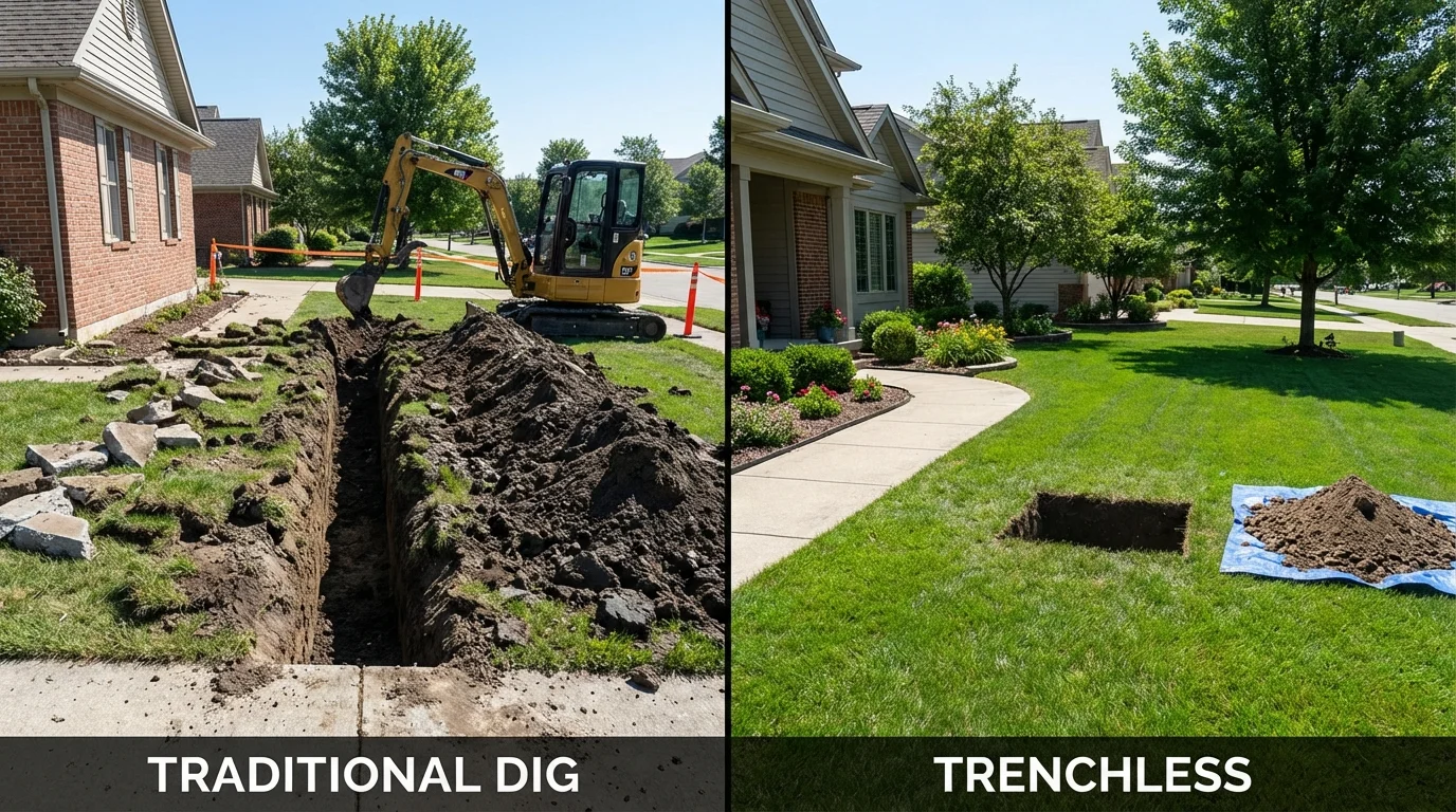 Trenchless sewer repair with minimal yard damage versus traditional excavation in North Canton, OH