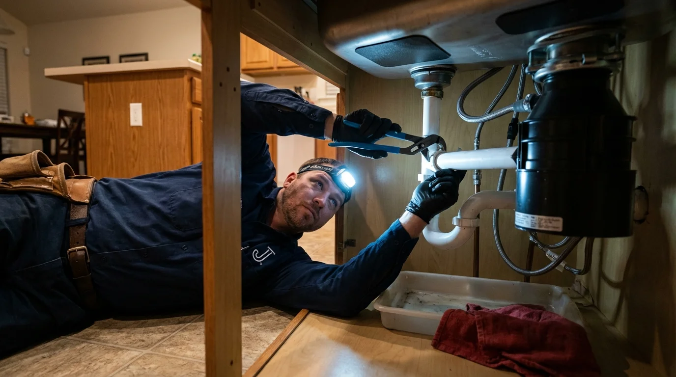 P-trap and supply line connections under a kitchen sink showing a common leak point in North Canton, OH